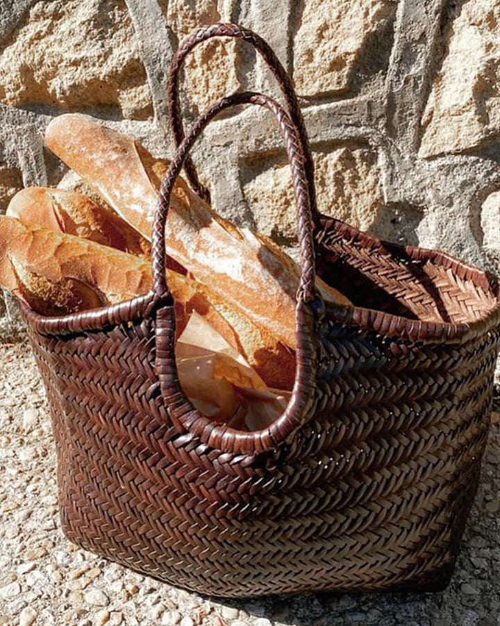 Sorvienne Structured Faux Leather Woven Basket Bag in Tan