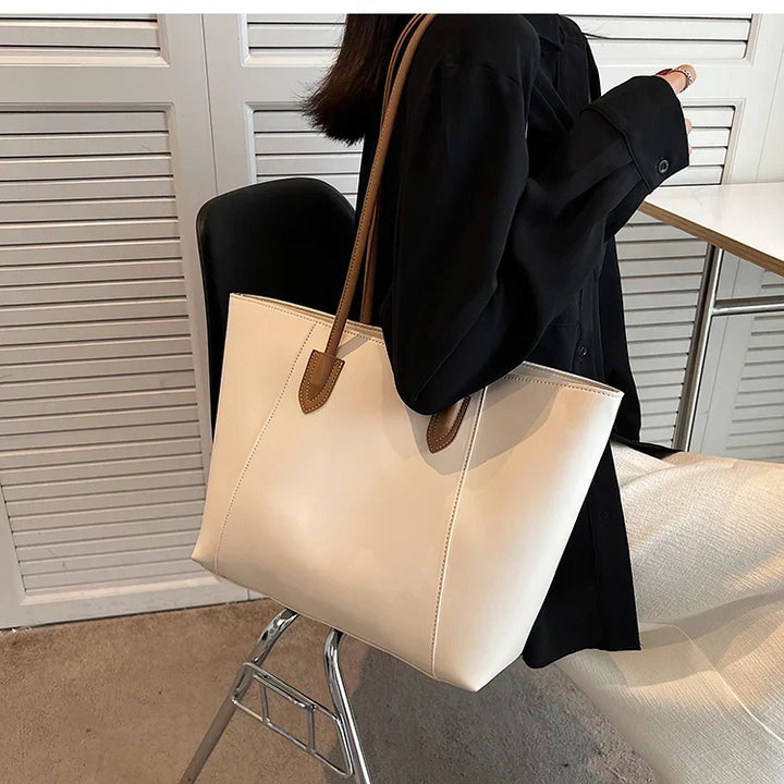 Sorvienne Structured Faux Leather Tote Bag in Cream