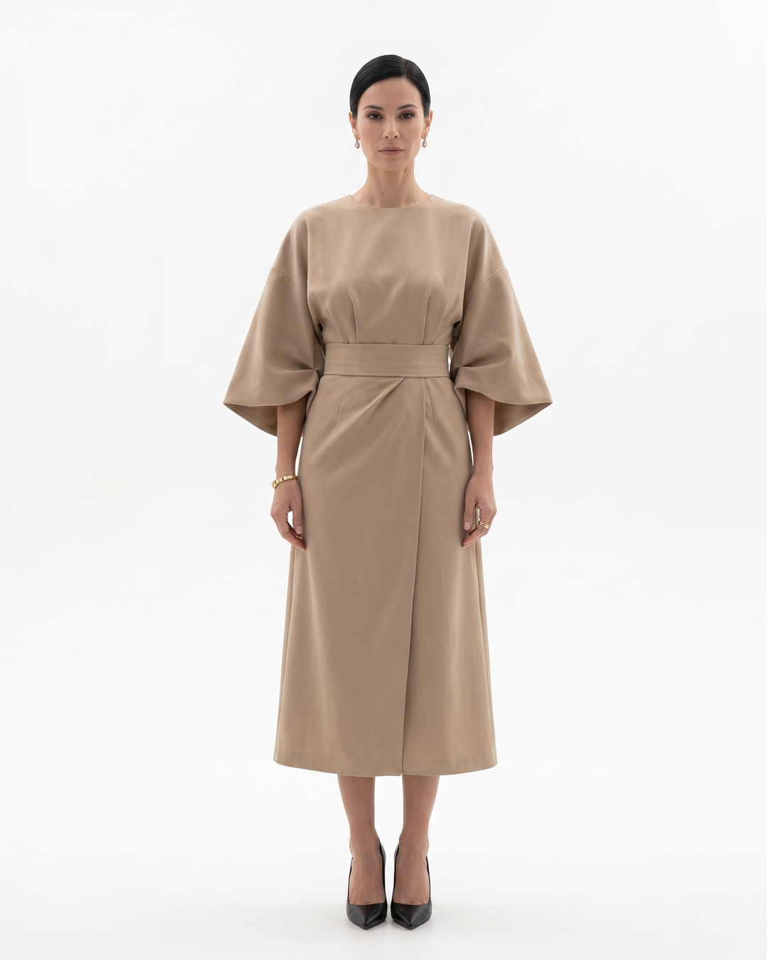Sorvienne | Women’s Batwing Sleeve Belted Midi Dress