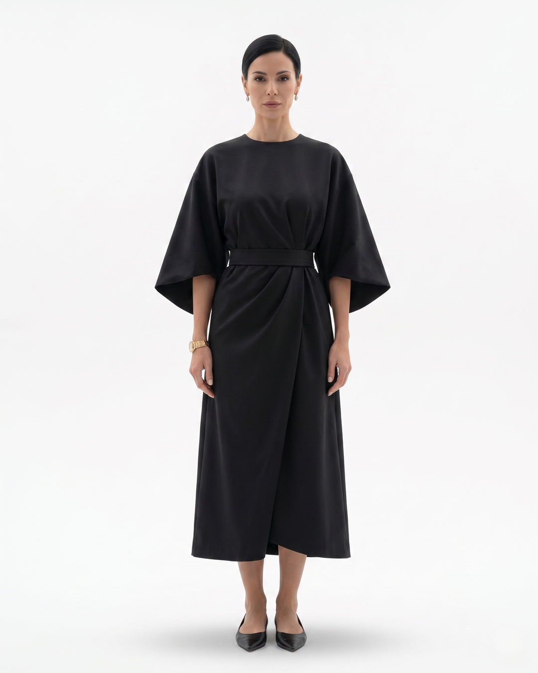 Sorvienne | Women’s Batwing Sleeve Belted Midi Dress