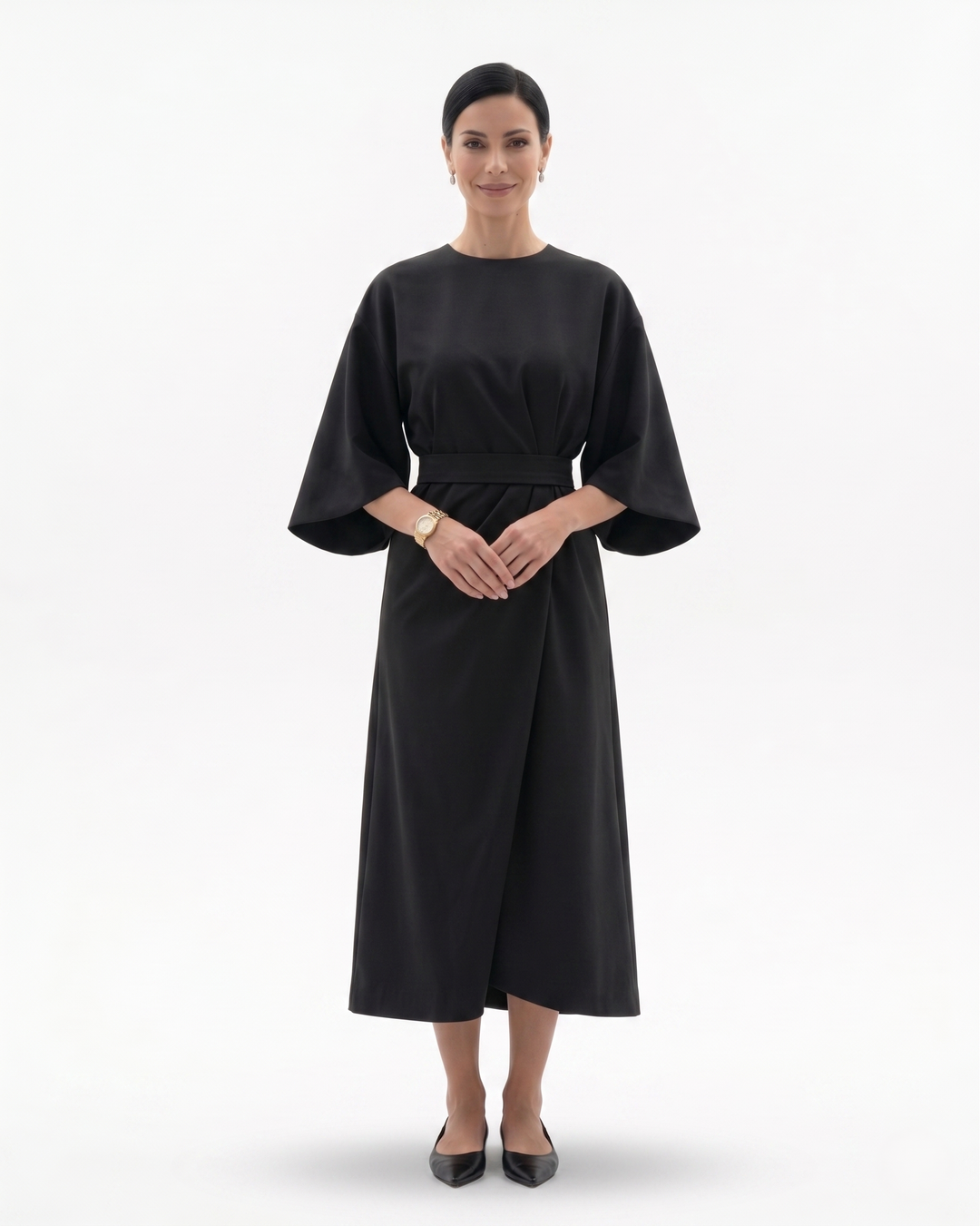 Sorvienne | Women’s Batwing Sleeve Belted Midi Dress