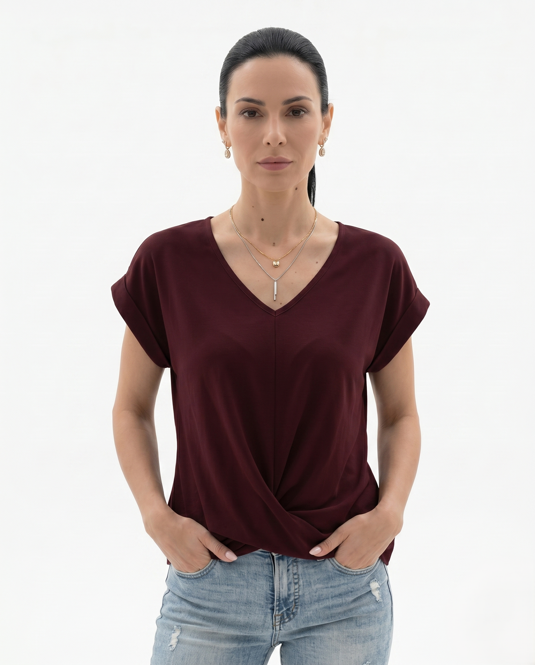 Sorvienne | Women’s Draped V-Neck Twist Front Blouse