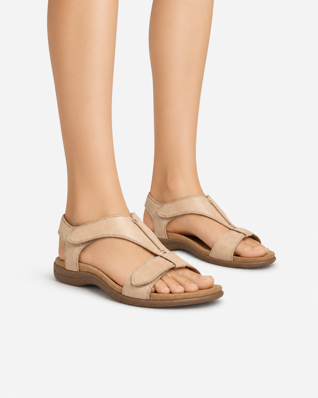 Sorvienne Women's Leather Comfort Strap Sandals in Beige