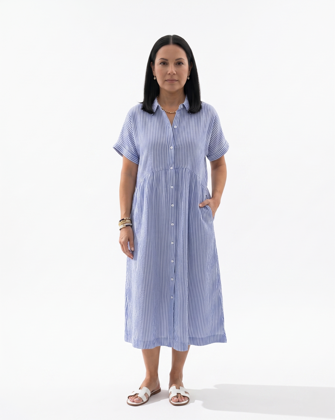 Sorvienne | Women’s Relaxed Stripe Button Front Midi Dress