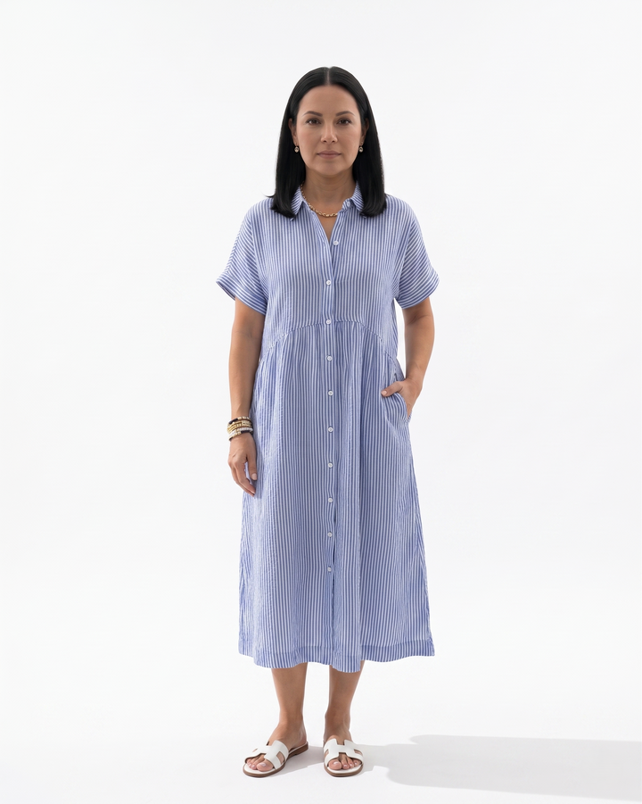Sorvienne | Women’s Relaxed Stripe Button Front Midi Dress