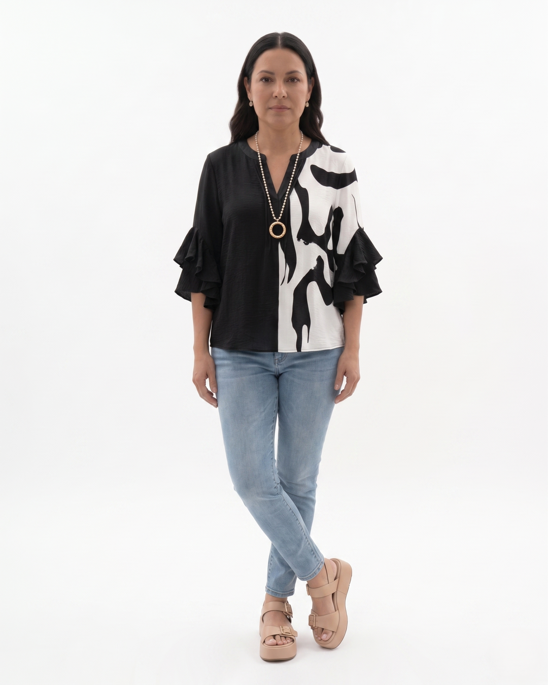 Sorvienne | Women’s Textured Ruffle Sleeve Blouse