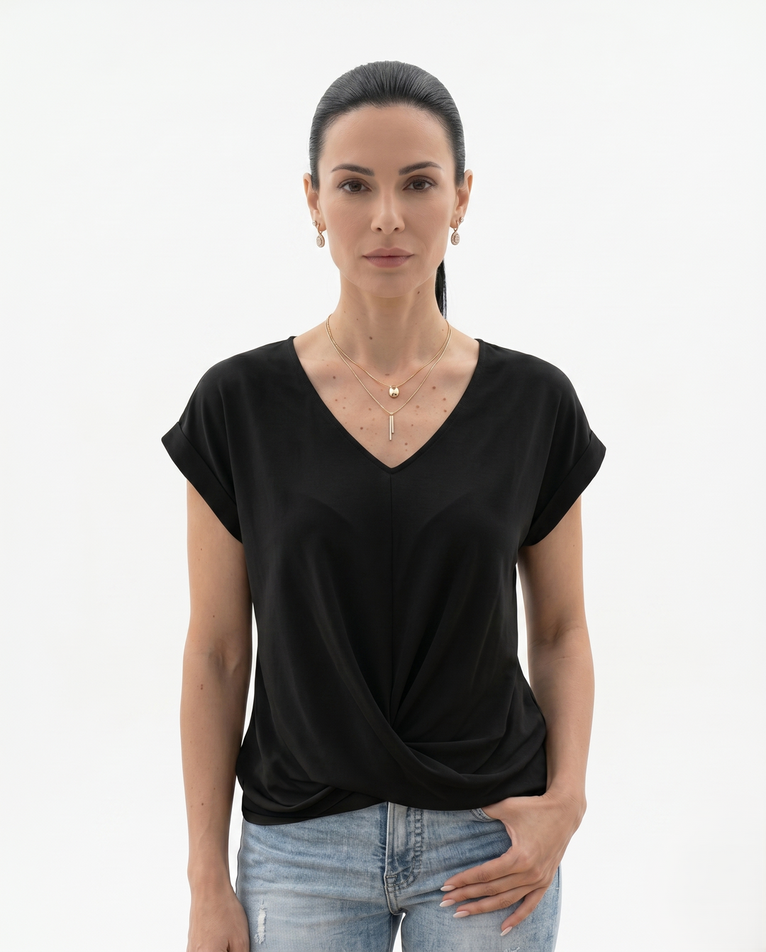Sorvienne | Women’s Draped V-Neck Twist Front Blouse