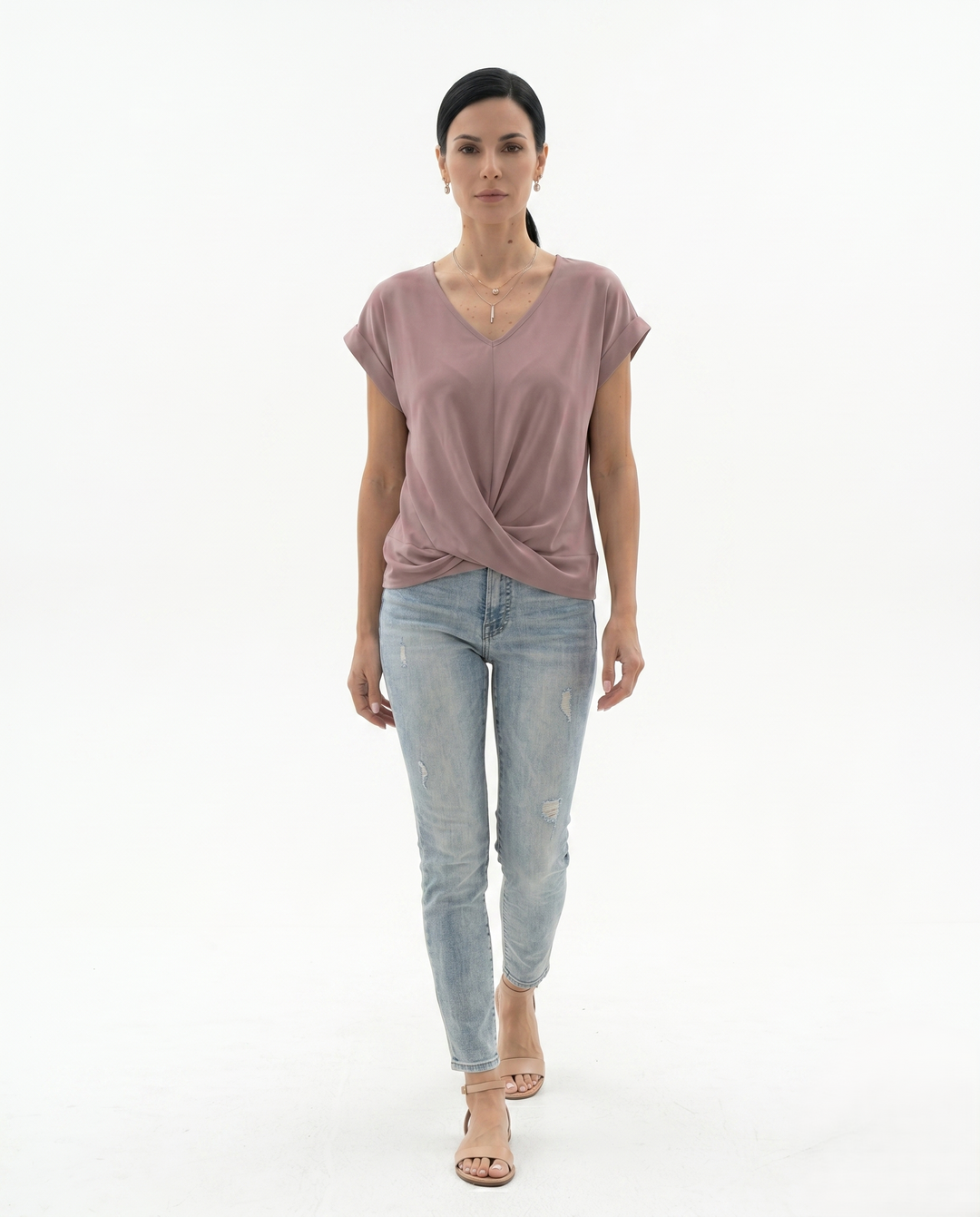 Sorvienne | Women’s Draped V-Neck Twist Front Blouse