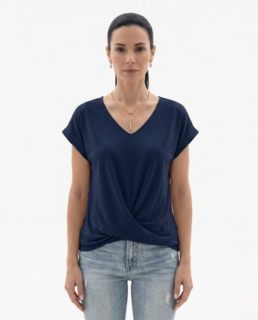 Sorvienne | Women’s Draped V-Neck Twist Front Blouse