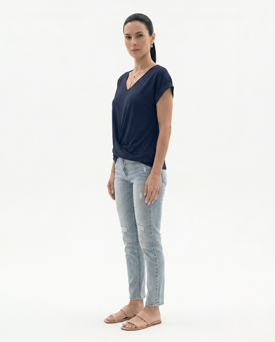 Sorvienne | Women’s Draped V-Neck Twist Front Blouse
