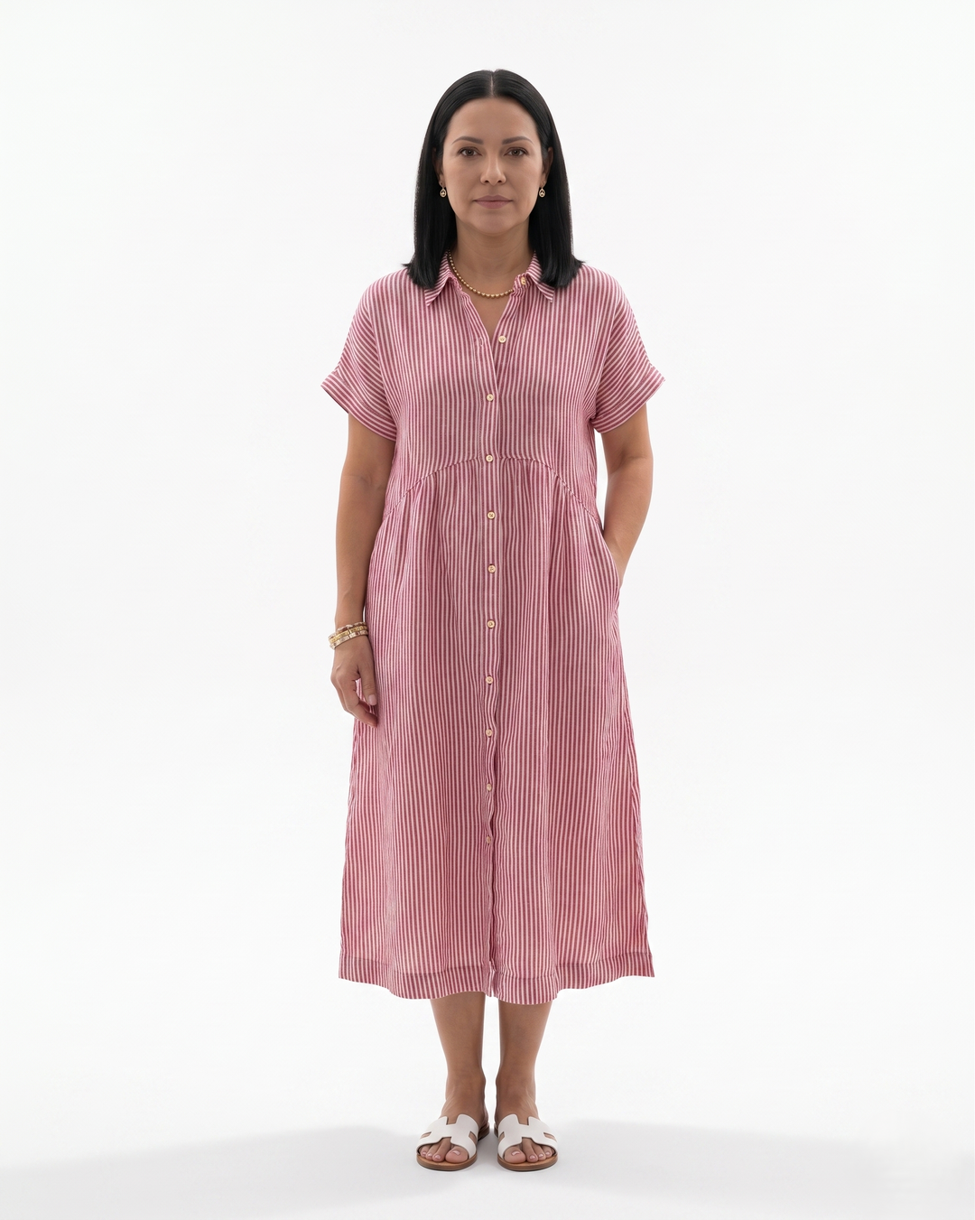 Sorvienne | Women’s Relaxed Stripe Button Front Midi Dress