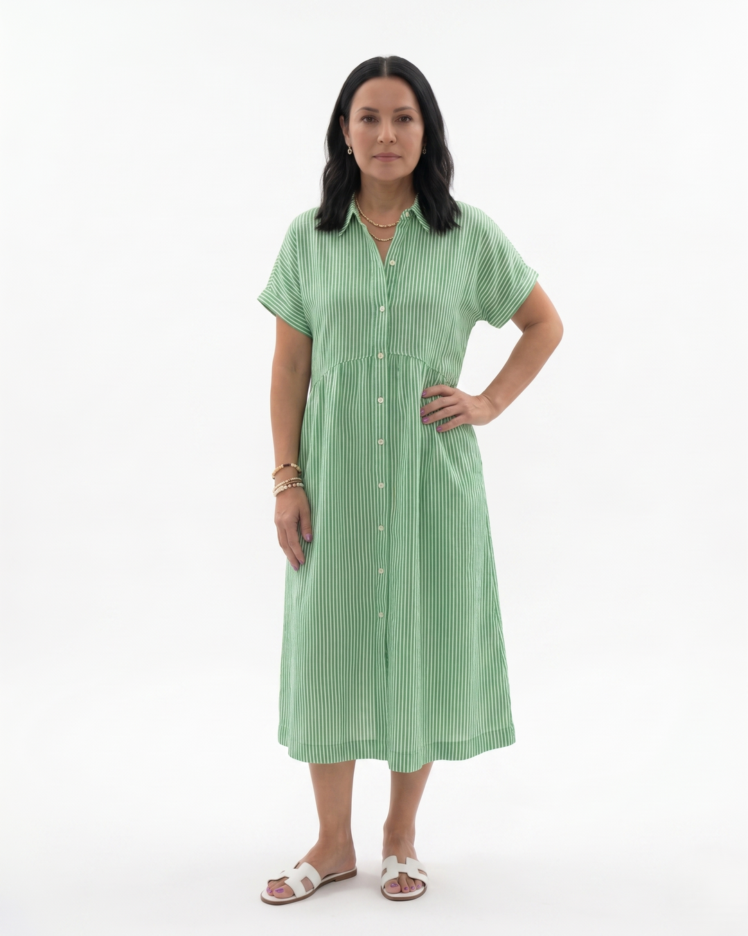 Sorvienne | Women’s Relaxed Stripe Button Front Midi Dress