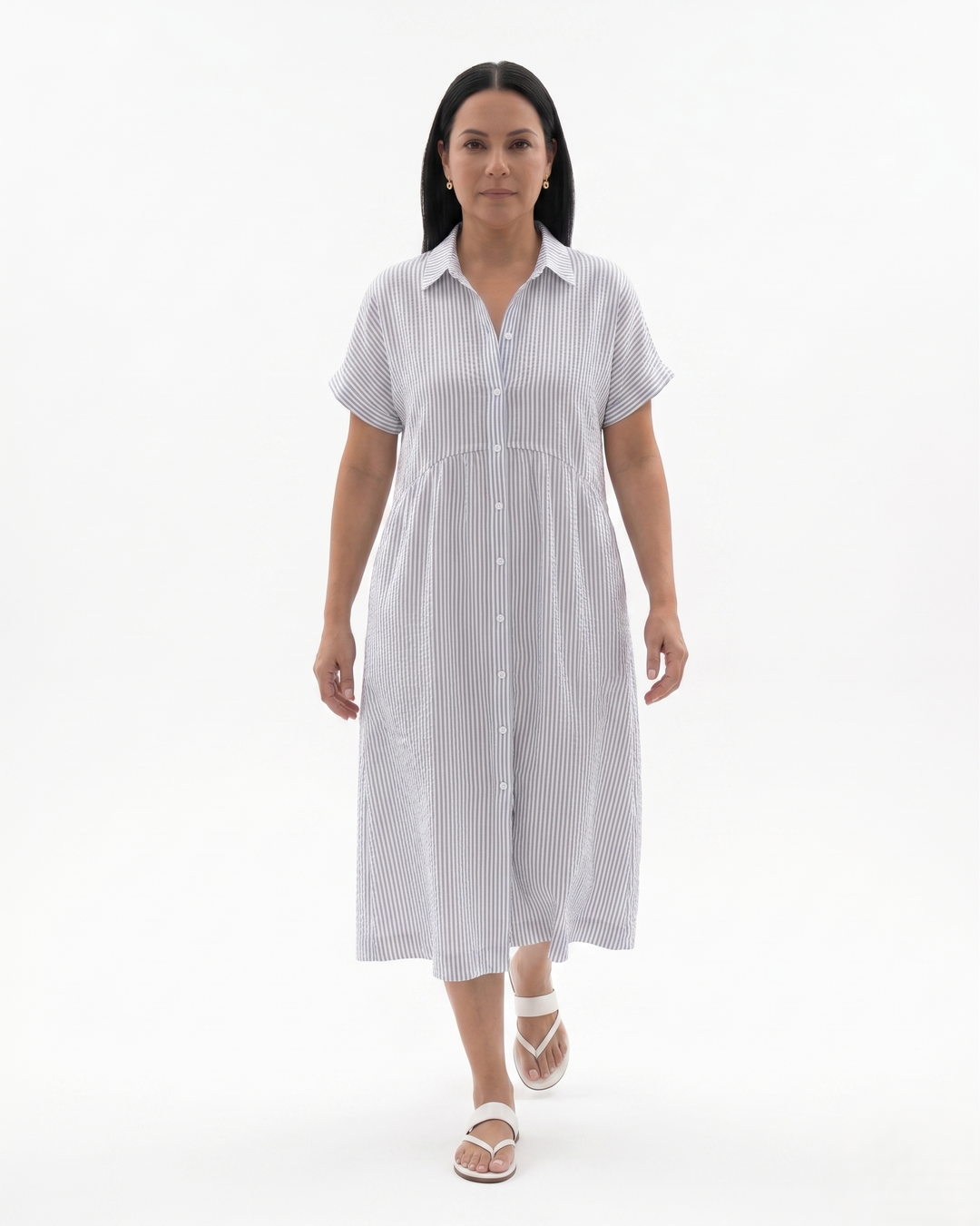Sorvienne | Women’s Relaxed Stripe Button Front Midi Dress