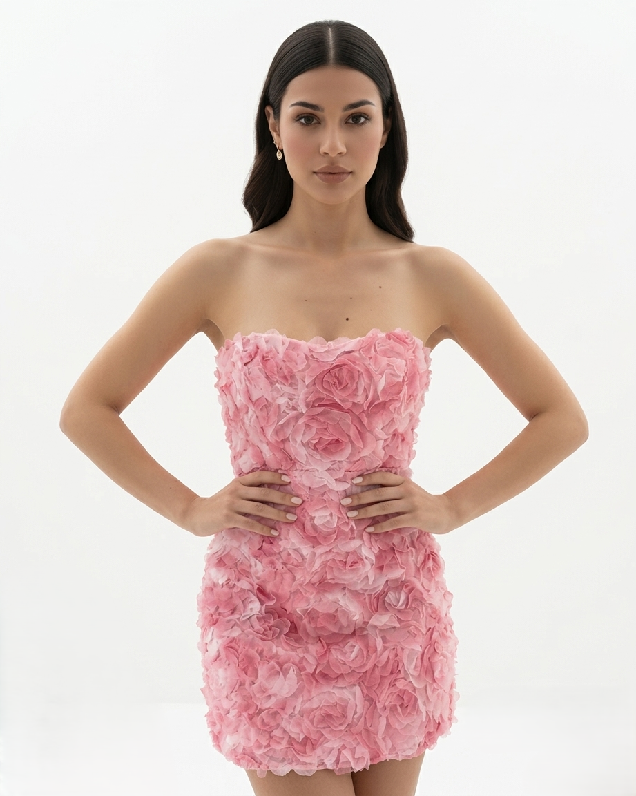 Strapless Floral Embellished Mini Dress Textured Bodycon