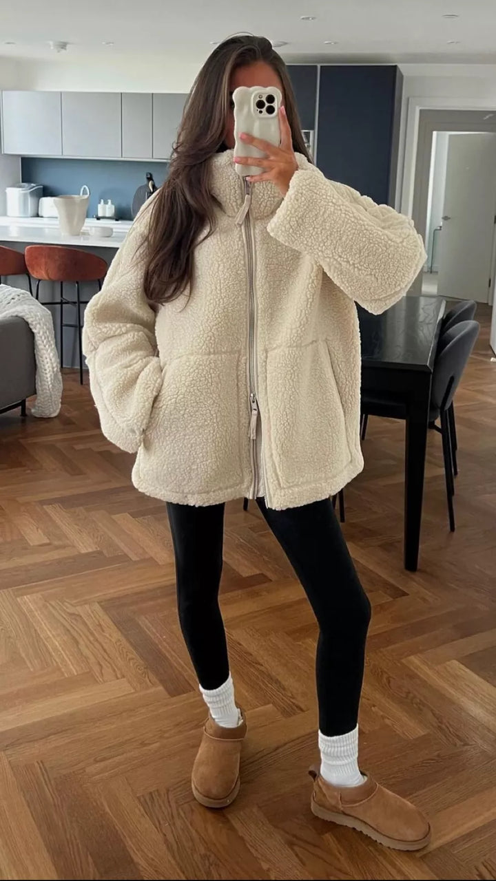 Sorvienne Oversized Zip Through Borg Jacket in Cream