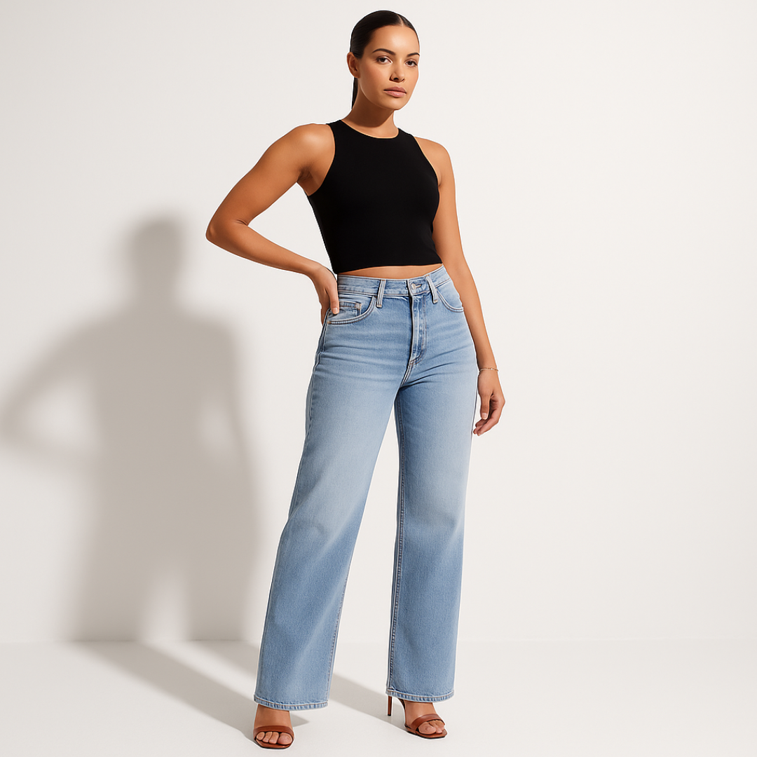 Sorvienne Straight Leg Shaping High Waisted Jeans in Light Wash