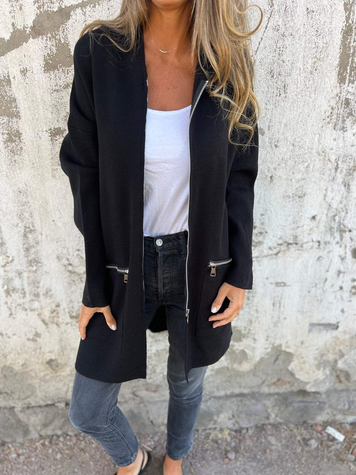 Sorvienne Oversized Zip Front Hooded Longline Cardigan in Black