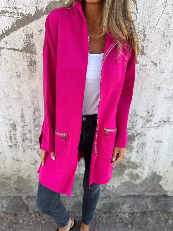 Sorvienne Oversized Zip Front Hooded Longline Cardigan in Pink