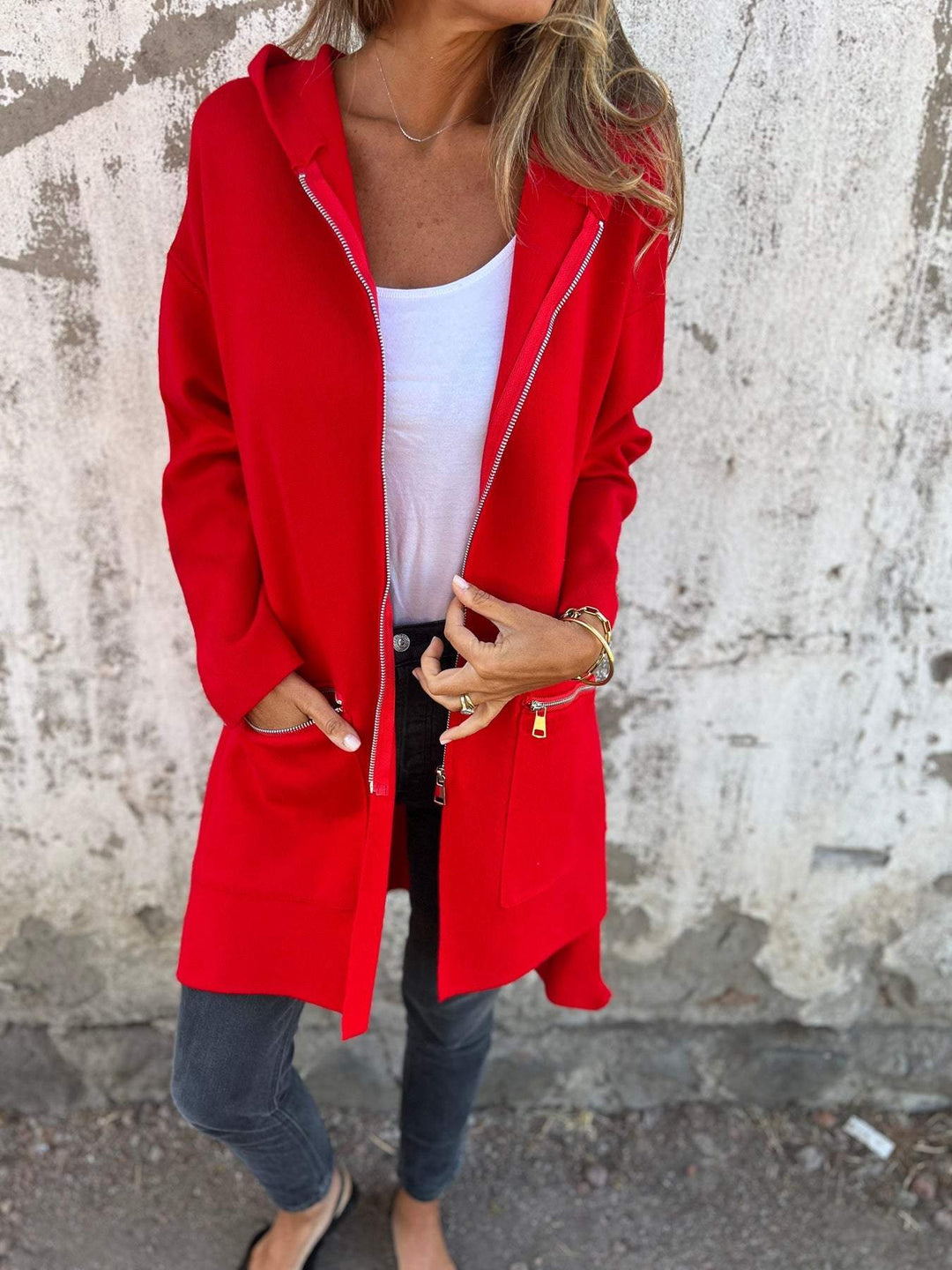 Sorvienne Oversized Zip Front Hooded Longline Cardigan in Red