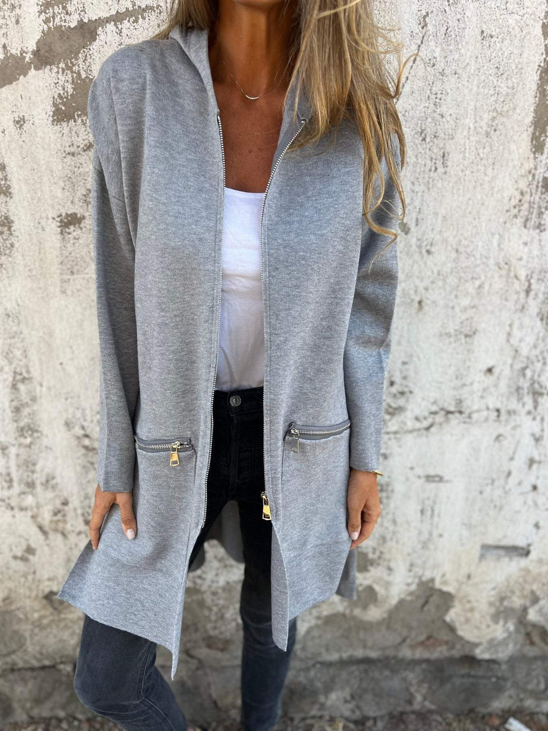 Sorvienne Oversized Zip Front Hooded Longline Cardigan in Grey