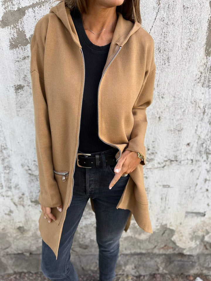 Sorvienne Oversized Zip Front Hooded Longline Cardigan in Camel