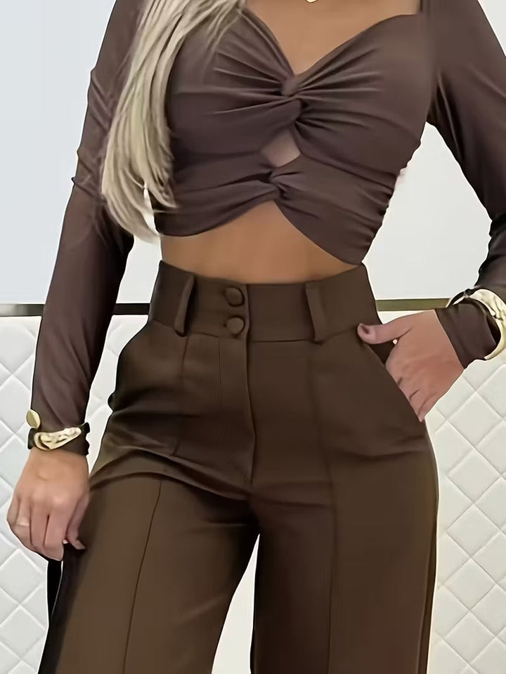 Sorvienne Tailored High Waisted Wide Leg Trousers in Brown