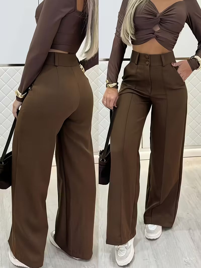 Sorvienne Tailored High Waisted Wide Leg Trousers in Brown