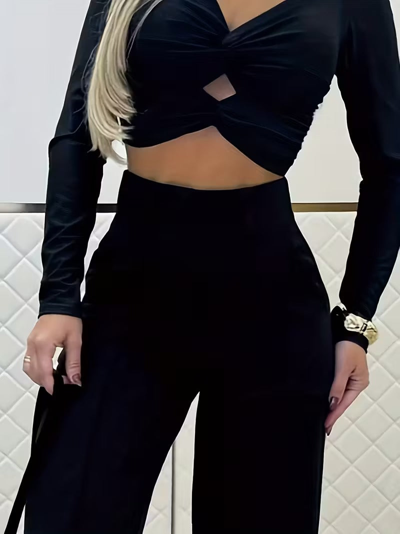 Sorvienne Tailored High Waisted Wide Leg Trousers in Black