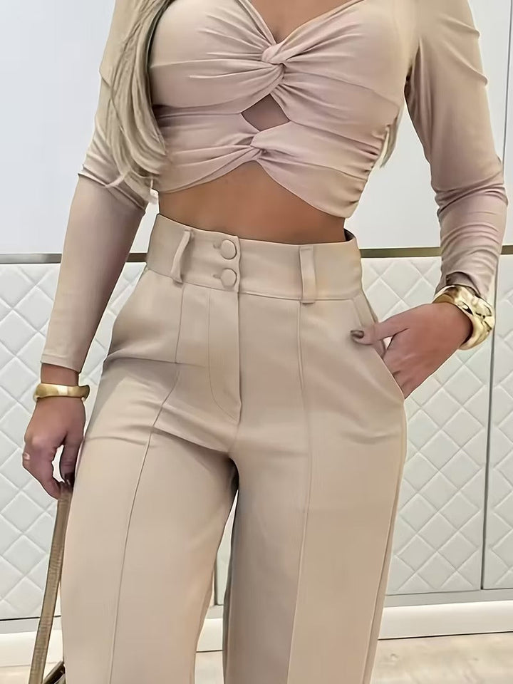 Sorvienne Tailored High Waisted Wide Leg Trousers in Beige