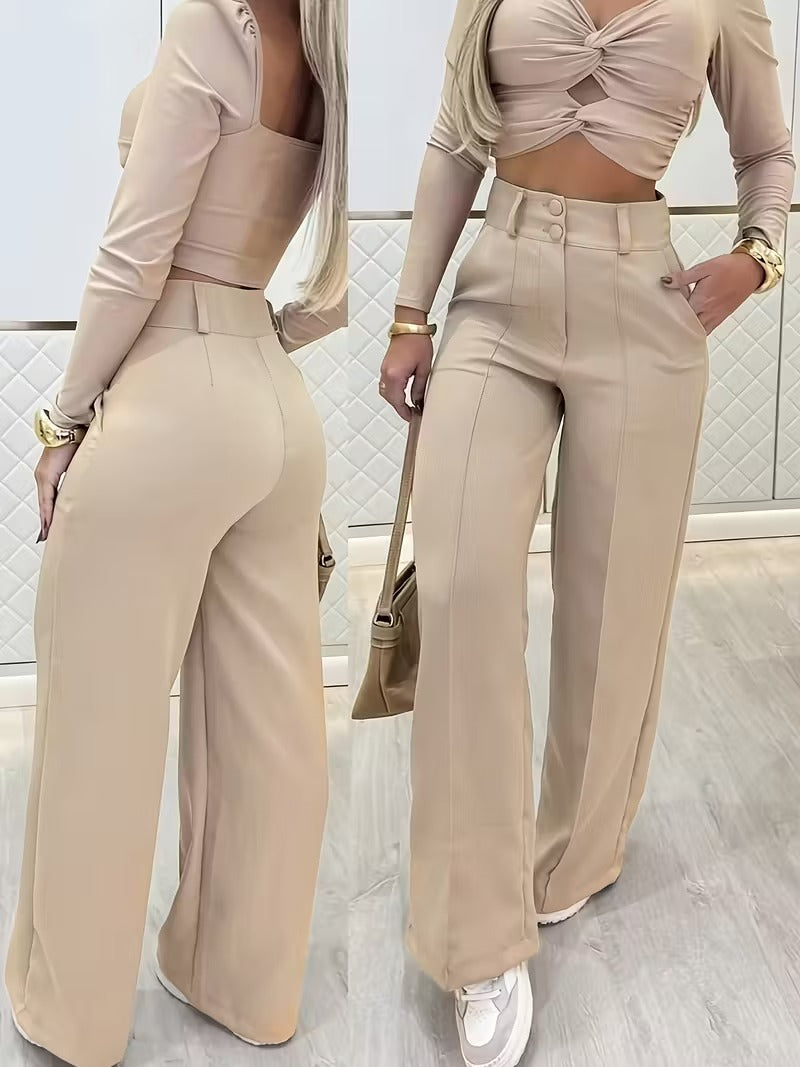 Sorvienne Tailored High Waisted Wide Leg Trousers in Beige