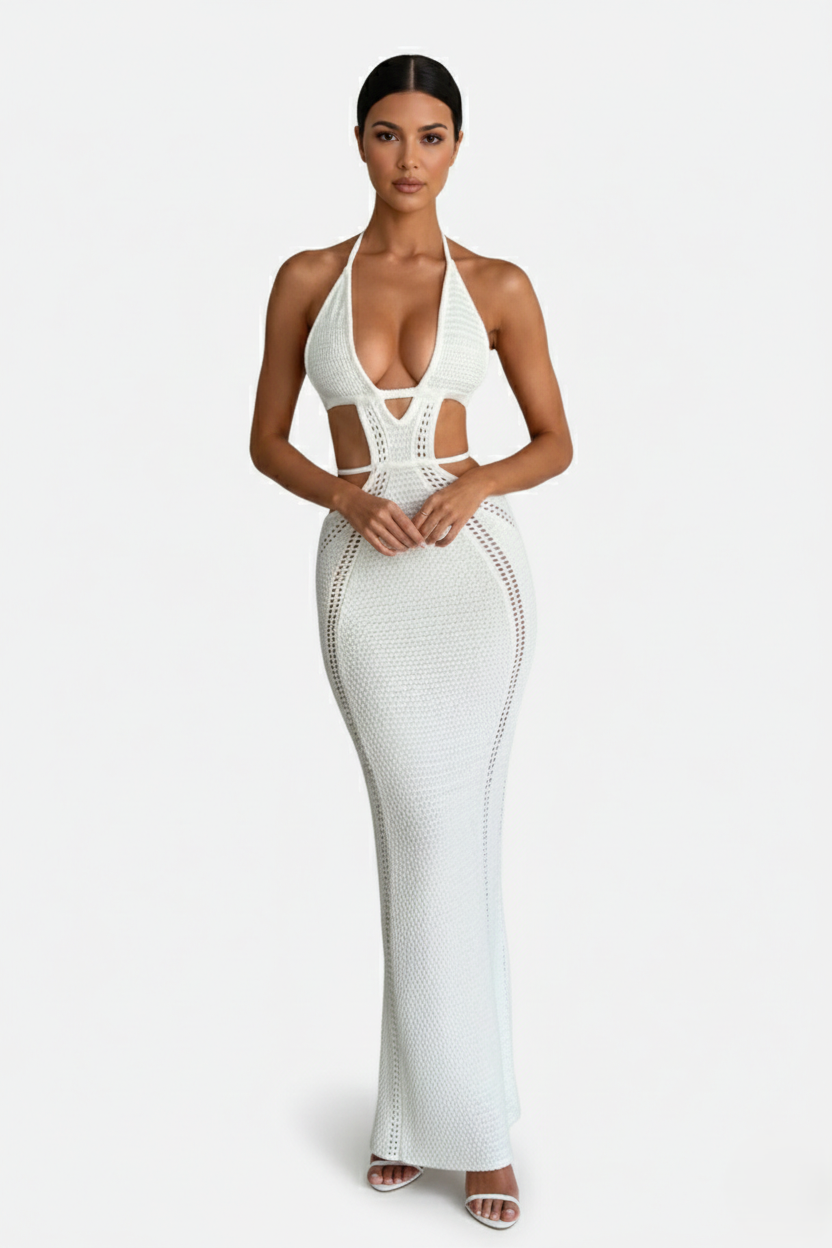 Crochet Cutout Halter Neck Backless Bodycon Maxi Dress  - Siopie