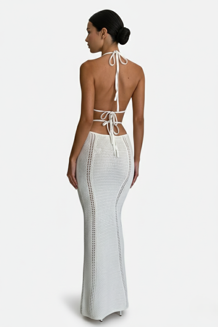 Crochet Cutout Halter Neck Backless Bodycon Maxi Dress  - Siopie