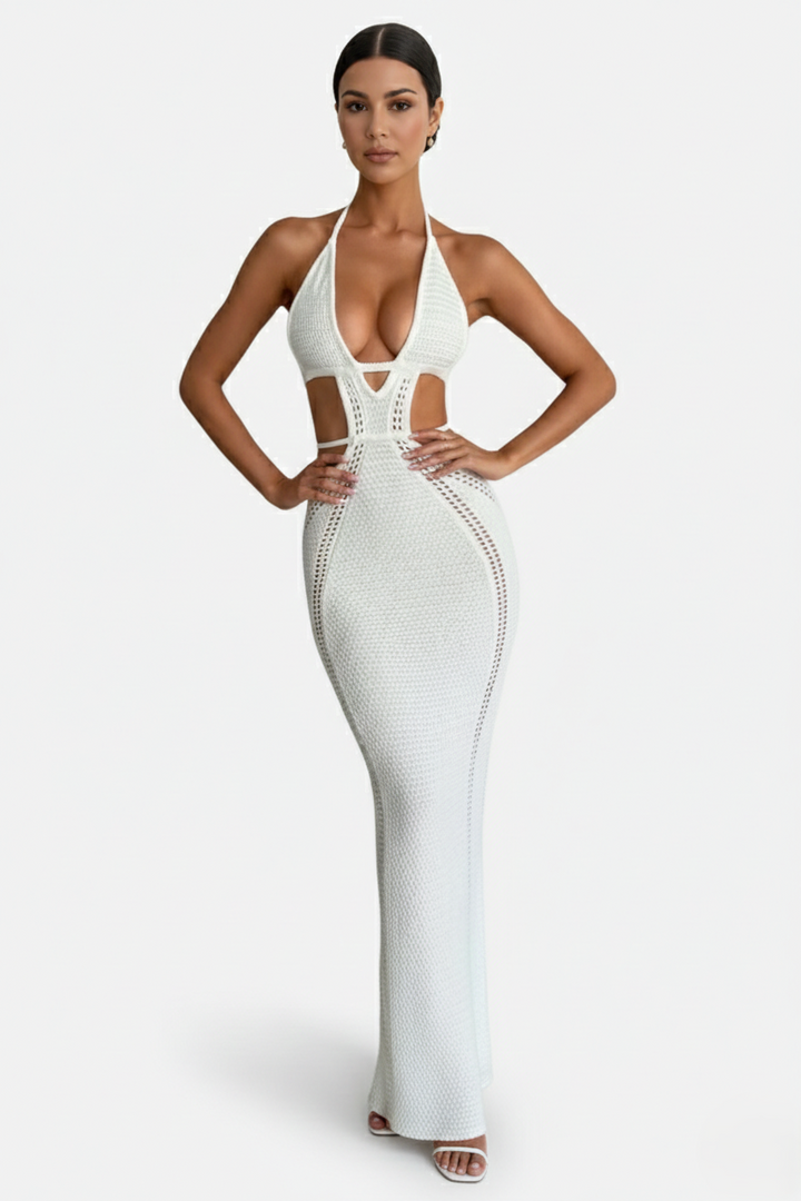 Crochet Cutout Halter Neck Backless Bodycon Maxi Dress  - Siopie