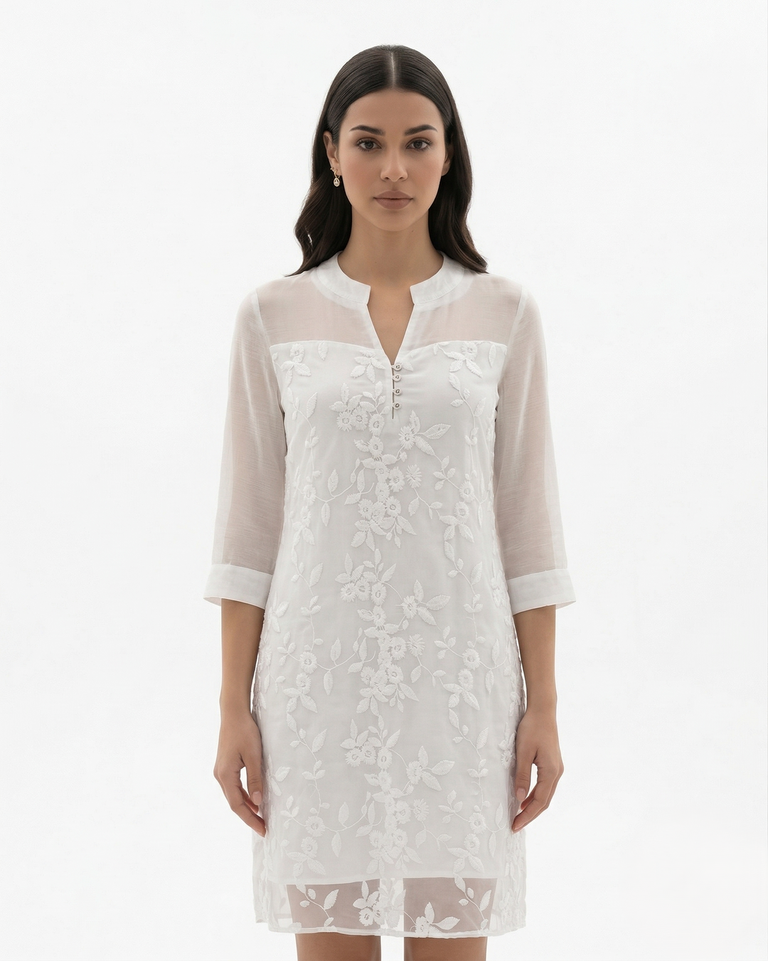 Floral Embroidered Mesh Midi Dress Notch V Neck Sheer Sleeve