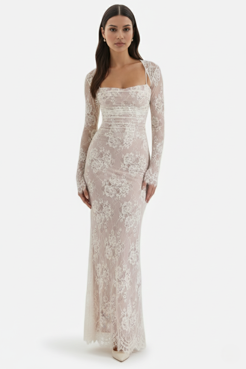 Floral Lace Maxi Dress with Lace-Up Back and Long Sleeve Shrug - Siopie