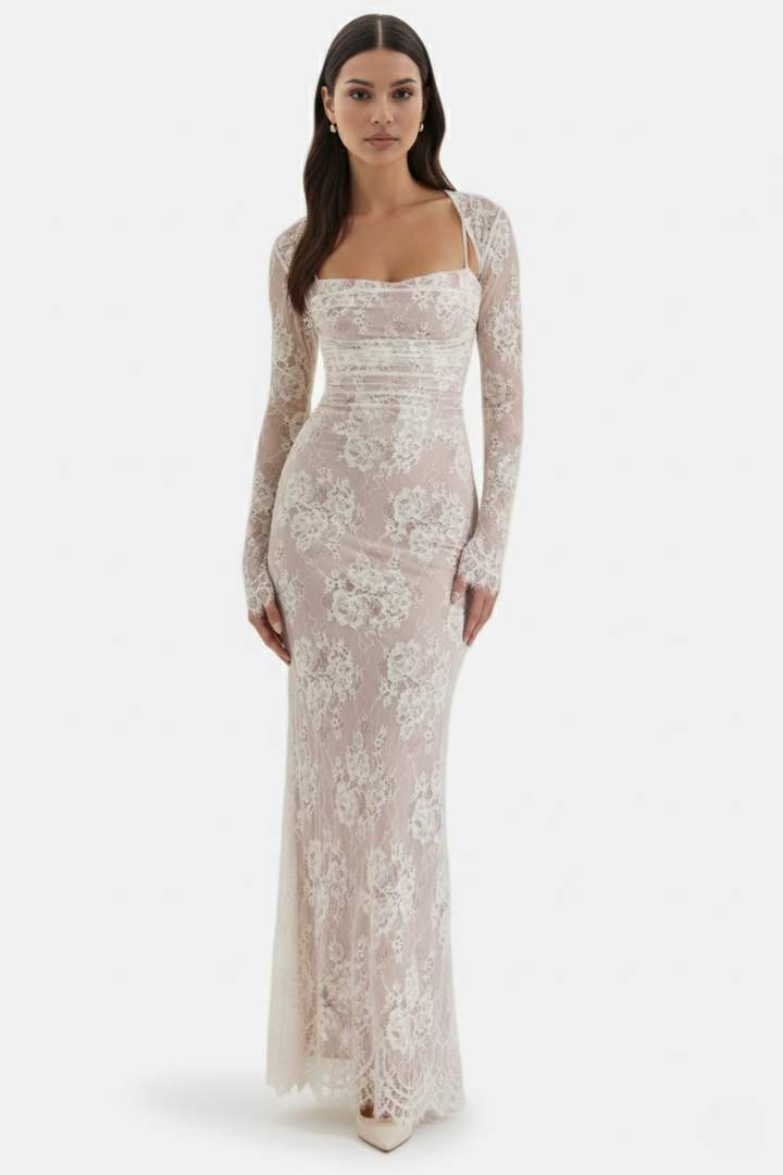 Floral Lace Maxi Dress with Lace-Up Back and Long Sleeve Shrug - Siopie