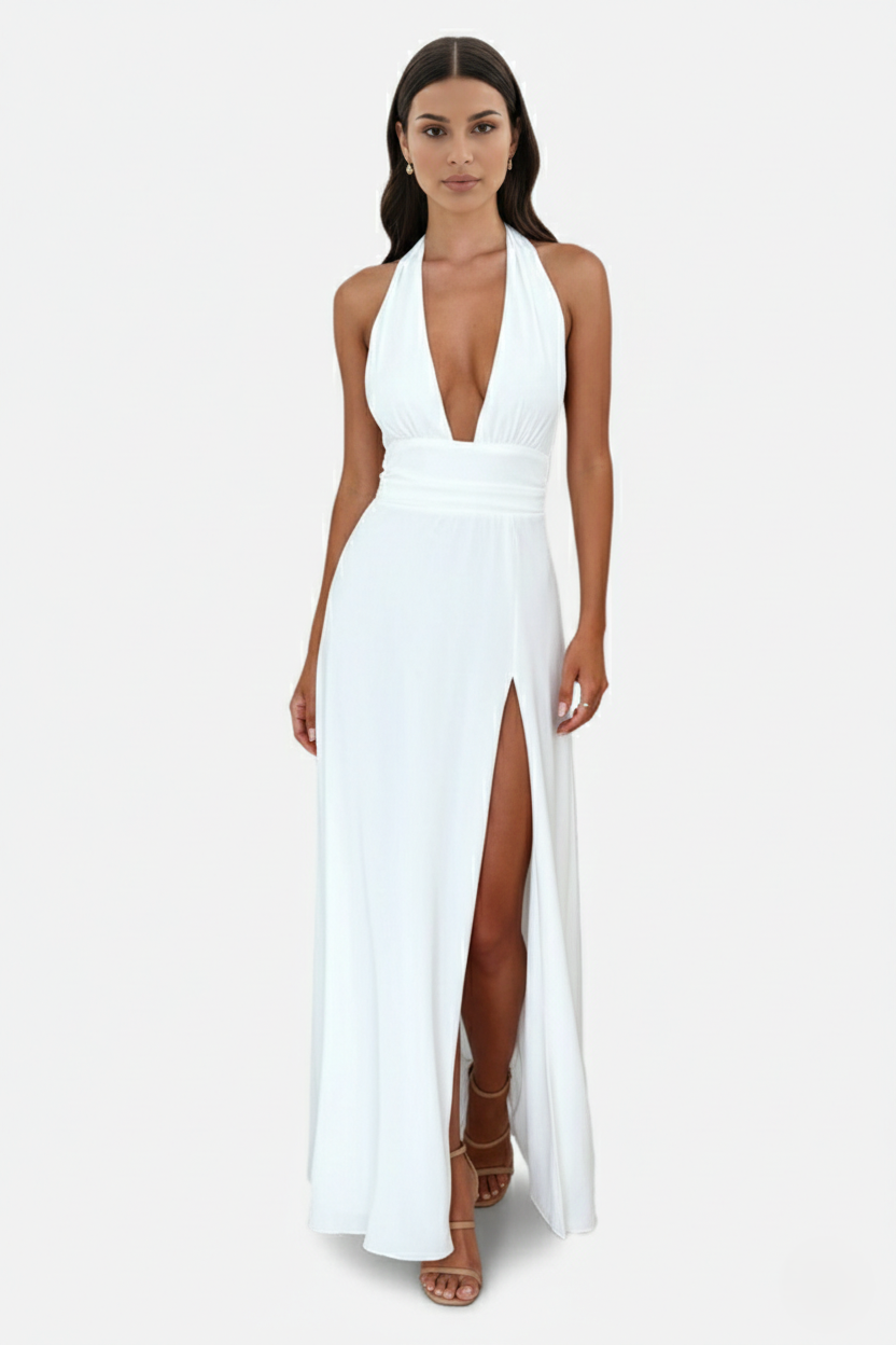 Halter V-Neck Cross Back Bow Tie High Thigh Slit Maxi Dress - Siopie