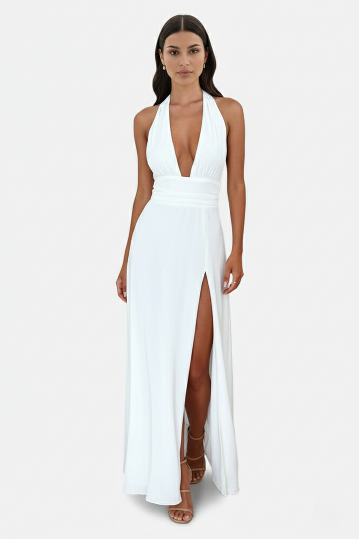 Halter V-Neck Cross Back Bow Tie High Thigh Slit Maxi Dress - Siopie