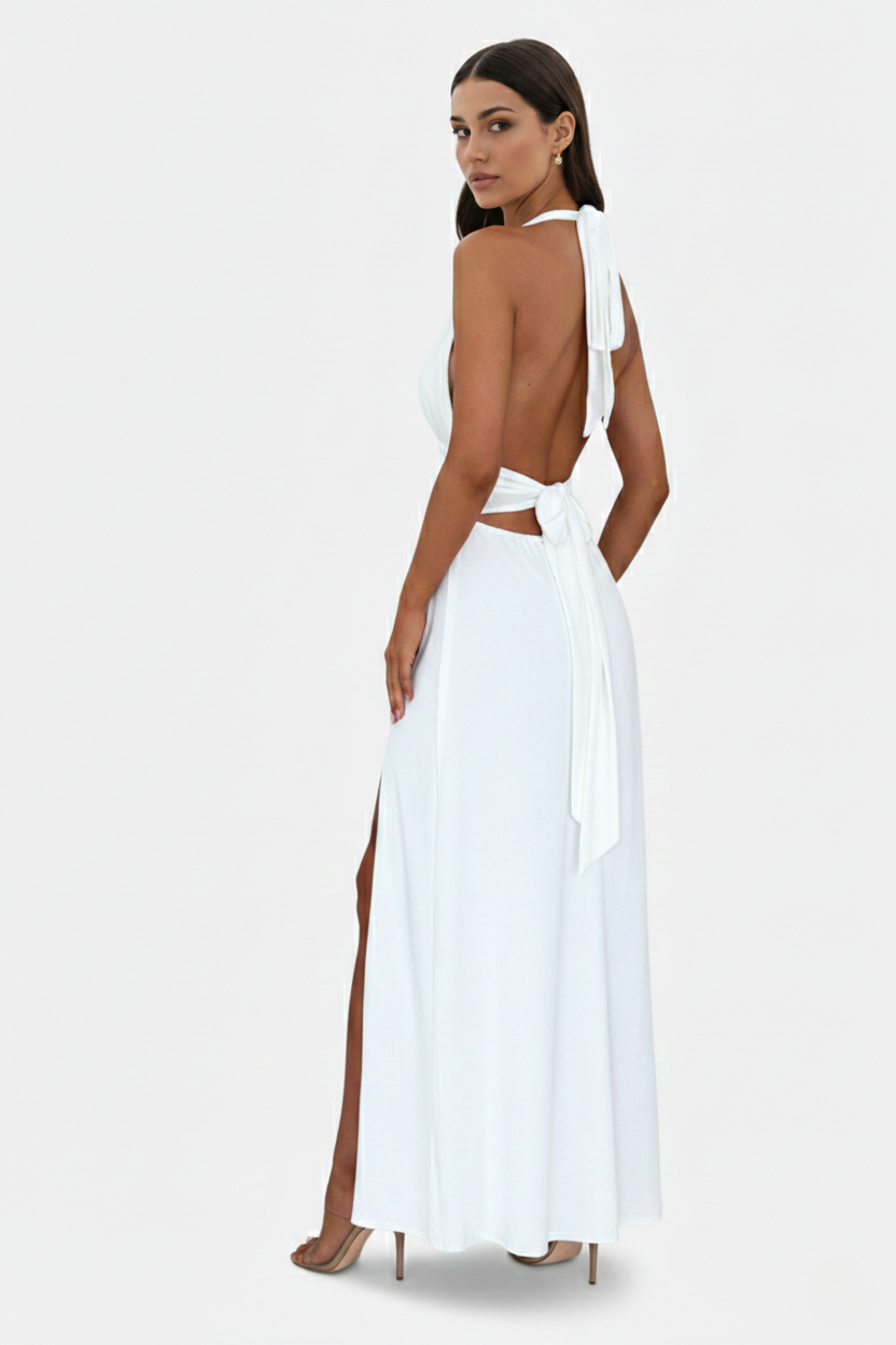 Halter V-Neck Cross Back Bow Tie High Thigh Slit Maxi Dress - Siopie