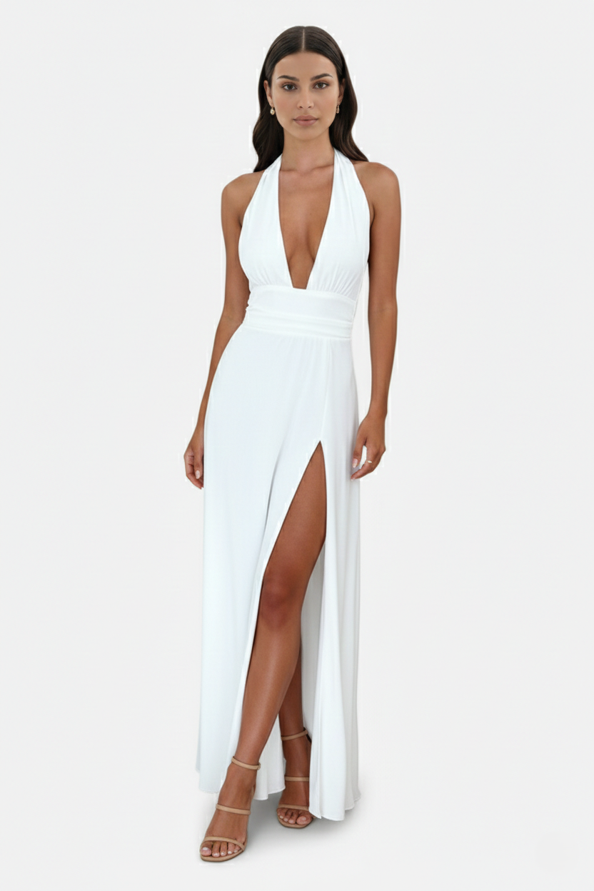 Halter V-Neck Cross Back Bow Tie High Thigh Slit Maxi Dress - Siopie