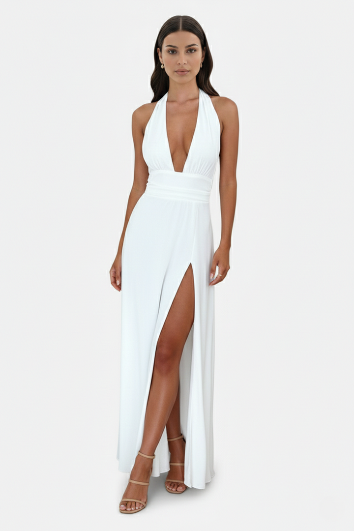 Halter V-Neck Cross Back Bow Tie High Thigh Slit Maxi Dress - Siopie