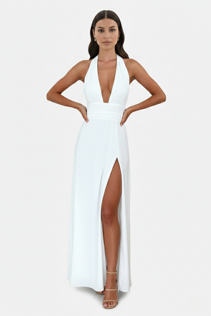 Halter V-Neck Cross Back Bow Tie High Thigh Slit Maxi Dress - Siopie