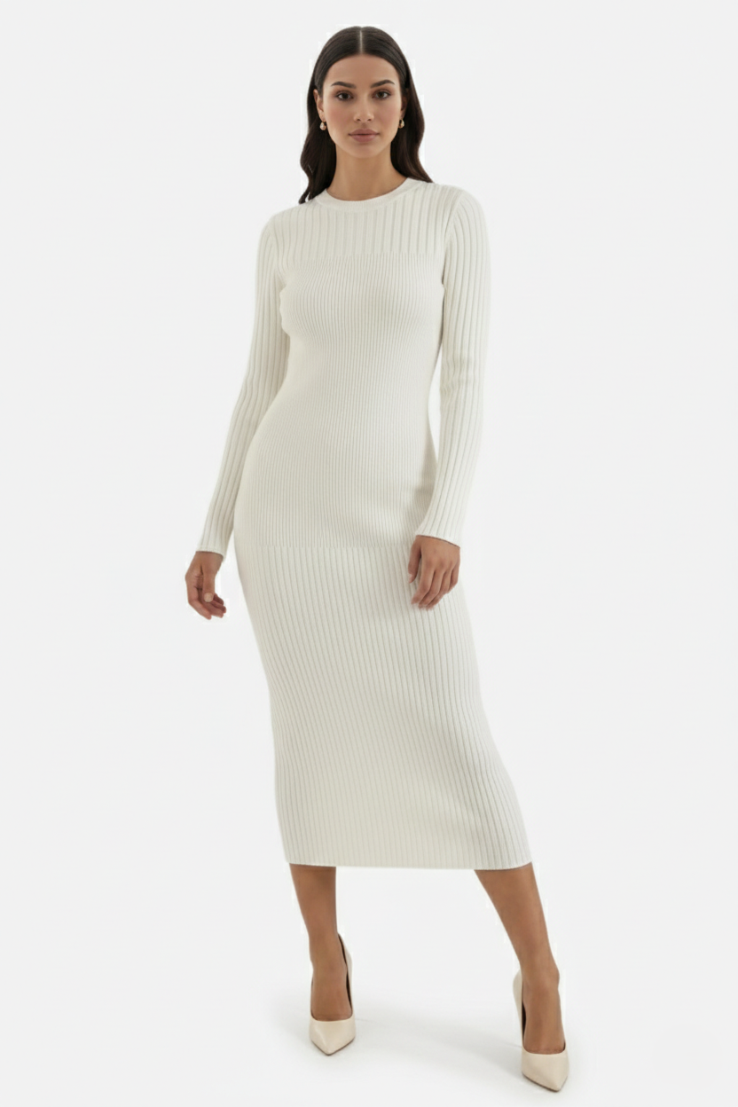 Bodycon Sweater Midi Dress Ribbed Knit Long Sleeve Crew Neck - Siopie