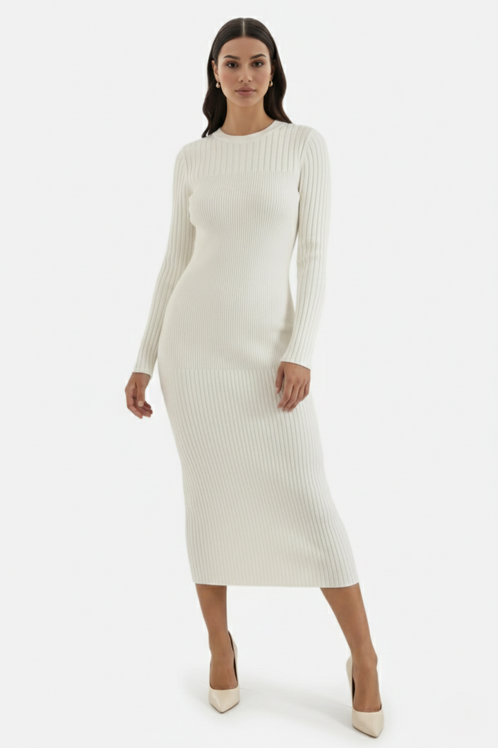 Bodycon Sweater Midi Dress Ribbed Knit Long Sleeve Crew Neck - Siopie