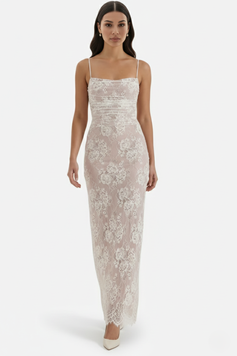 Floral Lace Maxi Dress with Lace-Up Back and Long Sleeve Shrug - Siopie