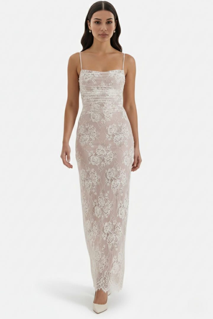 Floral Lace Maxi Dress with Lace-Up Back and Long Sleeve Shrug - Siopie