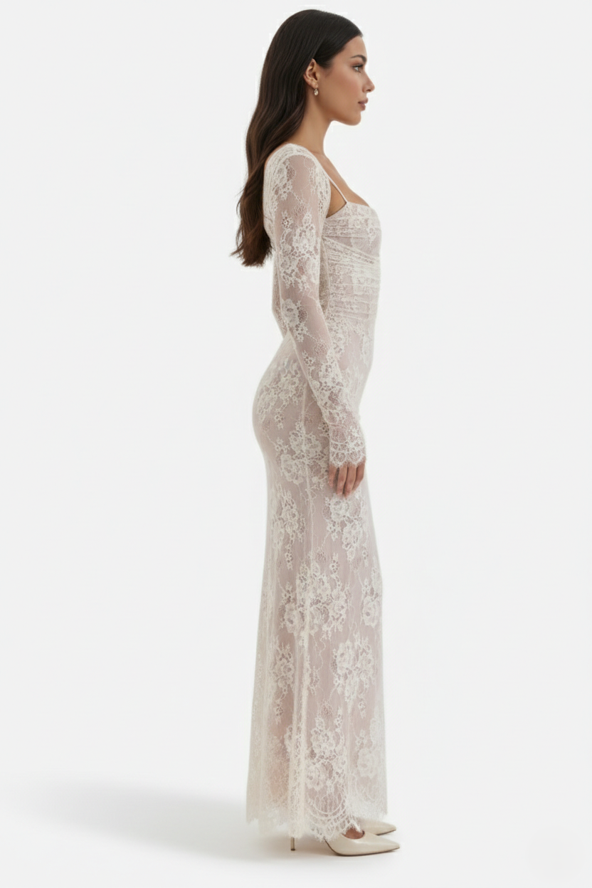 Floral Lace Maxi Dress with Lace-Up Back and Long Sleeve Shrug - Siopie
