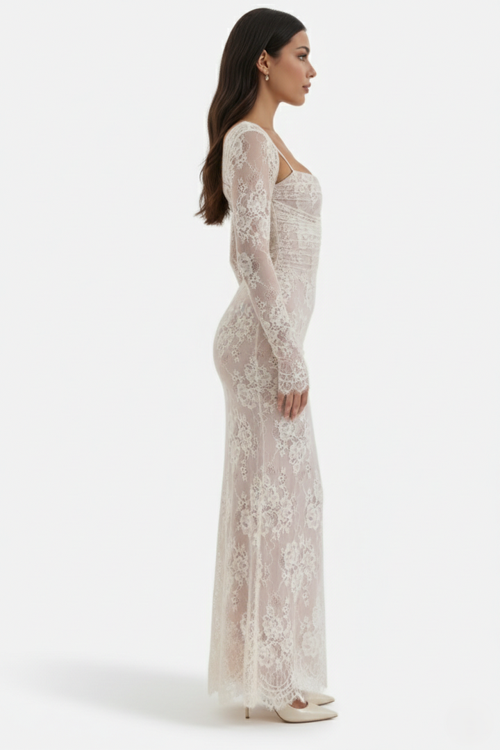 Floral Lace Maxi Dress with Lace-Up Back and Long Sleeve Shrug - Siopie