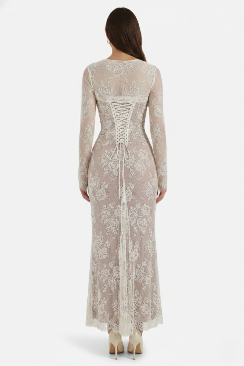 Floral Lace Maxi Dress with Lace-Up Back and Long Sleeve Shrug - Siopie