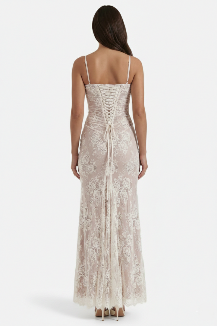 Floral Lace Maxi Dress with Lace-Up Back and Long Sleeve Shrug - Siopie